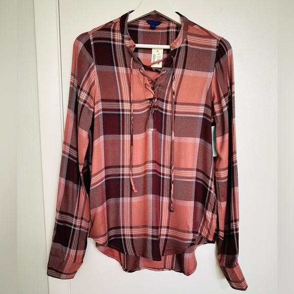 NWT Aeropostale Brown Plaid Lace-Up Long Sleeve Top - Small - Picture 1 of 9